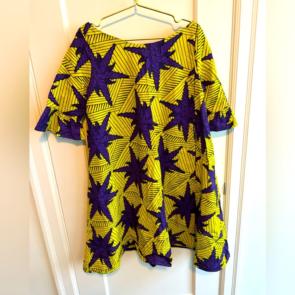 Bold Yellow Mini Dress with Purple Star Motif (African Print)